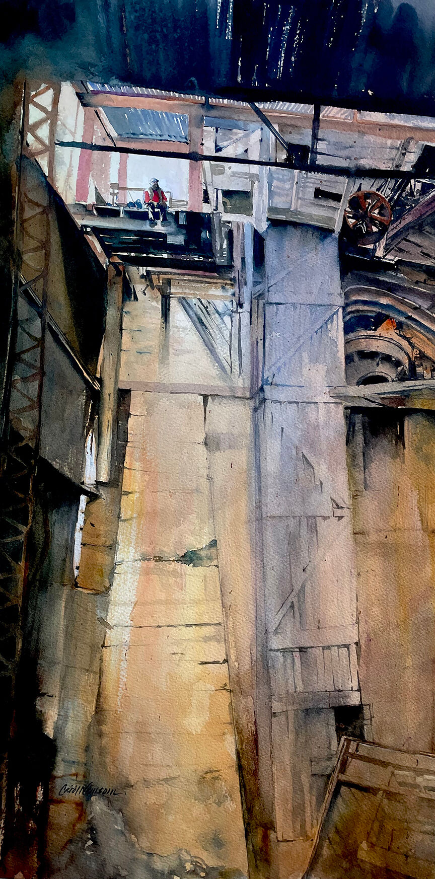 Inside the abandoned Mill, the spirits of the miners live on. Watercolor. 13x22
