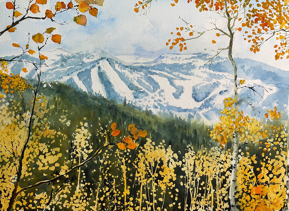It's that time of year when you see both the gold Aspen and snow on the slopes. Watercolor. SOLD