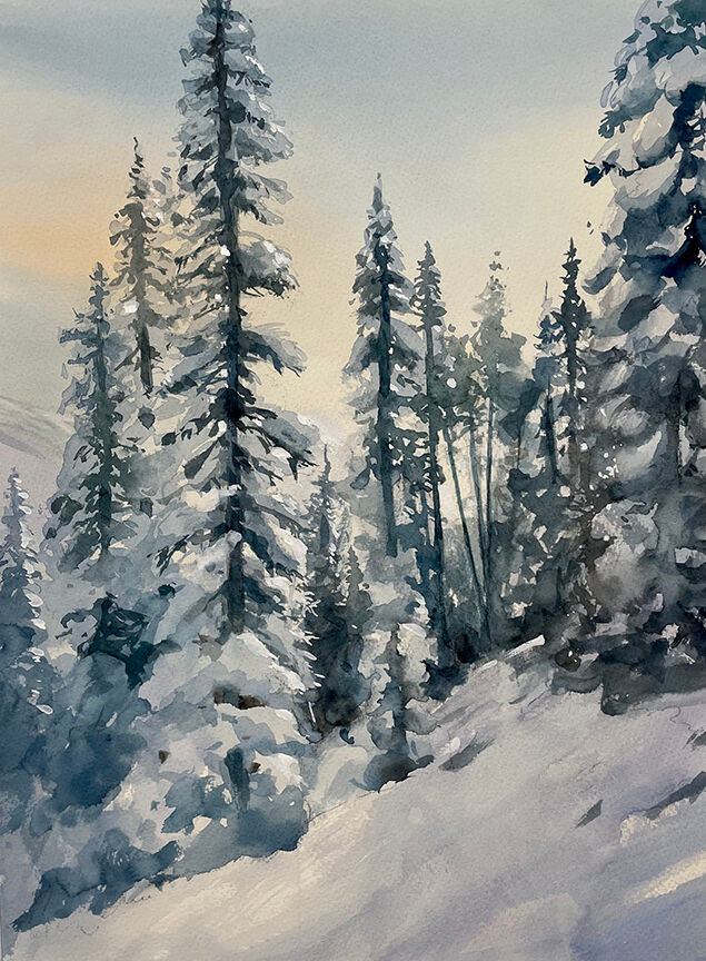 I found this view as I was skiing through Topher Trees. Watercolor 12 x 16
